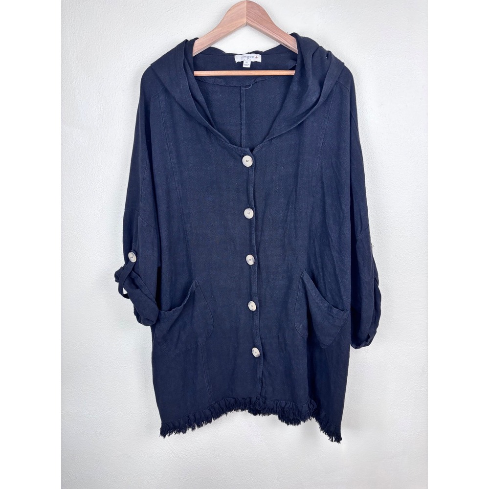 Umgee 1XL Black Hooded Jacket Fringe Hem Boho Button Front Tunic Lagenlook Artsy